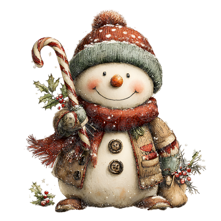 Whimsical snowman holding candy cane with holly berries and cosy winter accessories, Grey Barn Handwerk, Saskatchewan.